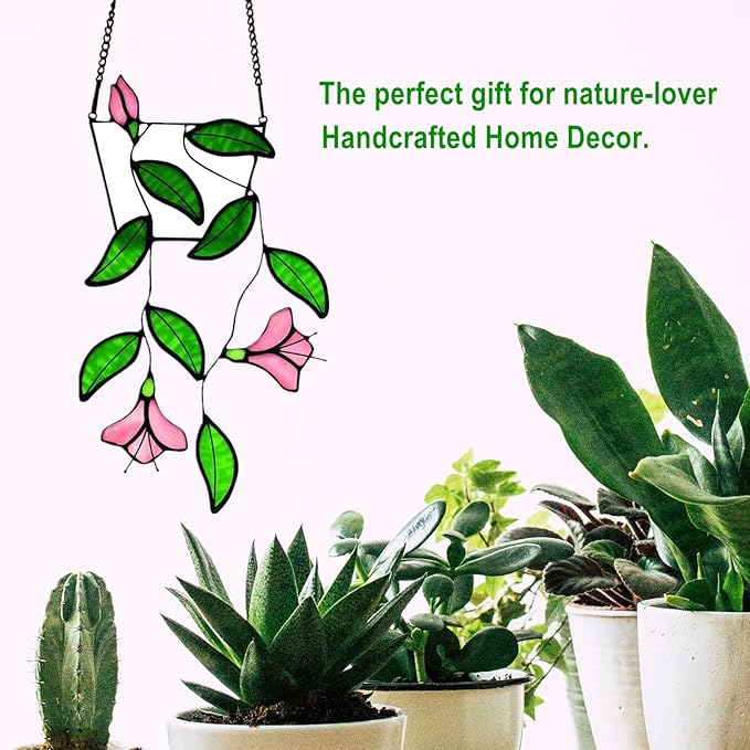 Plants Flower Stained Glass Window Hanging, Artificial Plants Sun Catchers Indoor Window, Stain Glass Suncatcher Hanging,Handcrafted Home Decor