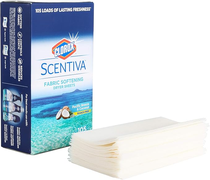 Clorox Scentiva Fabric Softening Dryer Sheets | Fabric Sheets in Pacific Breeze & Coconut Scent | Laundry Dryer Sheets for Fresh & Clean Clothes | 105 Count (Pack of 2)