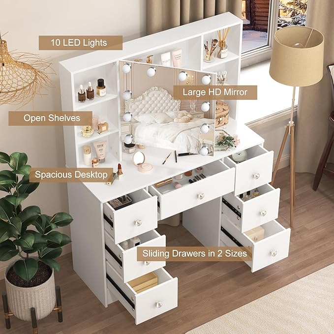 Large Vanity Table, Makeup Vanity with Mirror and Lights, 7 Drawers 8 Open Shelves, Hollywod Vanity Table for Girls and Women,100 * 40 * 140cm, Modern White