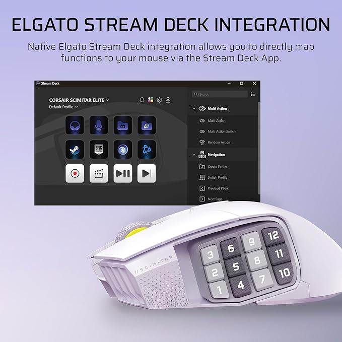 Corsair Scimitar Elite Wireless SE MMO PC Gaming Mouse – 33,000 DPI, 16 Programmable Buttons, Key Slider, Elgato Virtual Stream Deck, 1,000Hz Polling, Up to 150-Hour Battery – White