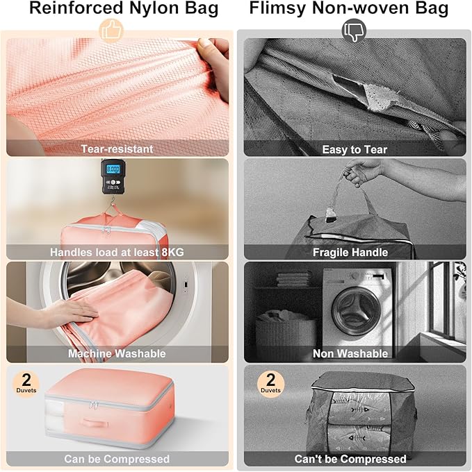 Comforter Storage Bag - Large Capacity Blanket Storage Bags 3-Layer Ultra Space Saving Self Compression Organizer, Washable Compression Bags for Storage Comforter Blanket, 2-Pack, Pink