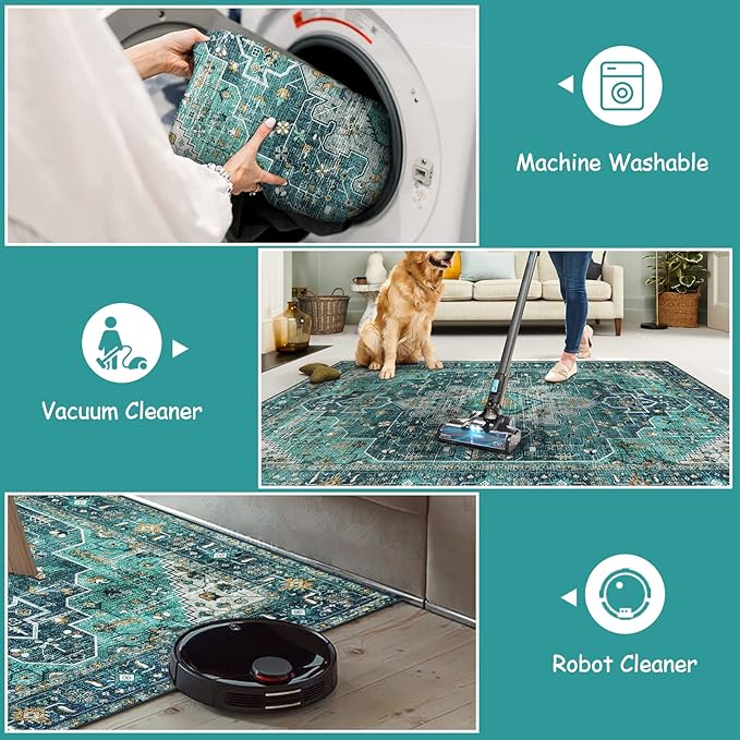 Moynesa Ultra-Thin Washable Area Rug - 4x6 Teal Living Room Rug Oriental Rugs for Bedroom, Non Slip Non Shedding Low Pile Entryway Carpet for Bedroom Dressing Room Office