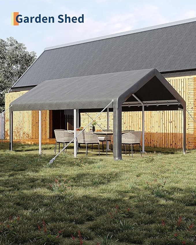 12 x 20FT Heavy Duty Carport with Roll-Up Windows, Portable Garage with Removable Sidewalls & Doors, Portable Car Tent Garage with Roll-Up Windows and All-Season Tarp, for Car, Truck,