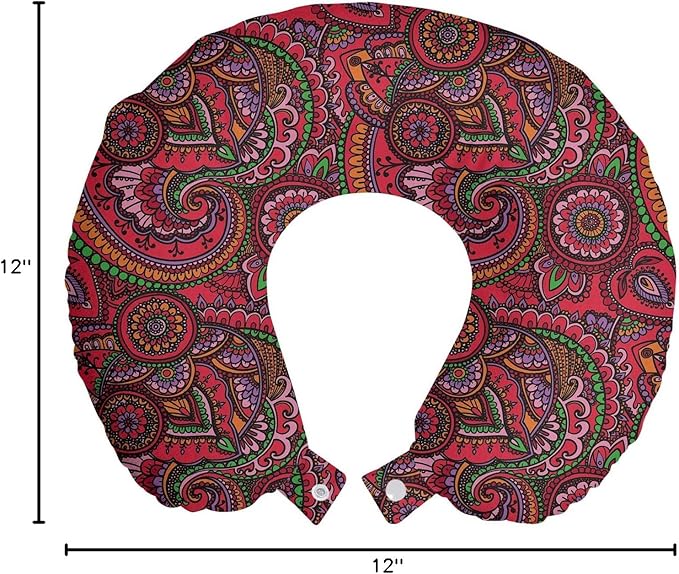 Ambesonne Asian Travel Pillow Neck Rest, Pattern Based on Traditional Vintage Twists Lines Spirals, Memory Foam Traveling Accessory for Airplane and Car, 12", Dark Coral Orange Green