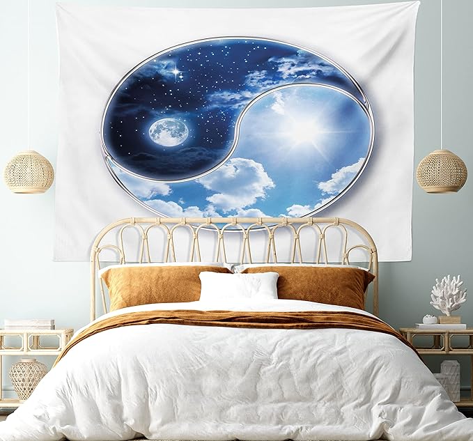 Ambesonne Space Tapestry, Yin Yang World Moon and Sun Harmony of the Universe Art Print, Fabric Wall Hanging Decor for Bedroom Living Room Dorm, 28" X 23", Navy Blue Sky Blue White
