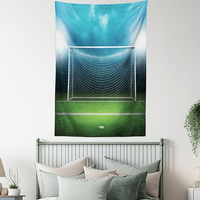 Ambesonne Soccer Tapestry Queen Size, Soccer Goal Post Sports Area Winner Loser Line Floodlit Best Team Finals Game Theme, Wall Hanging Bedspread Bed Cover Wall Decor, Queen Size, Green and Blue