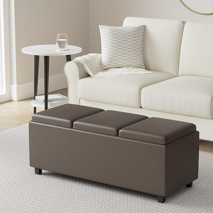 SIMPLIHOME Avalon Storage Ottoman - 42 inch Wide Upholstered Vegan Leather Rectangular Flip-Top Ottoman in Chocolate Brown, Contemporary Coffee Table Ottoman for Living Room with Hidden Storage