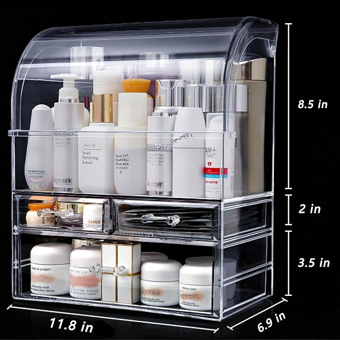 Clear Large Acrylic Makeup Organizer with Lid Cosmetic Storage Drawers Portable Makeup Organizers Dustproof and Waterproof Box for Women 14 inches