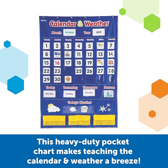 Learning Resources Calendar & Weather Pocket Chart - Classroom Must Haves, Teacher Supplies, Back To School, Daily Routine For Kids, Kindergarten and Homeschool Essentials, Vocabulary Flash Cards