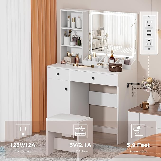 Vanity Desk with Mirror and Lights, 3-Color Lights Adjustable Brightness, White Vanity Makeup Desk with Drawer & Charging Station, Large Dressing Table Make Up for Bedroom