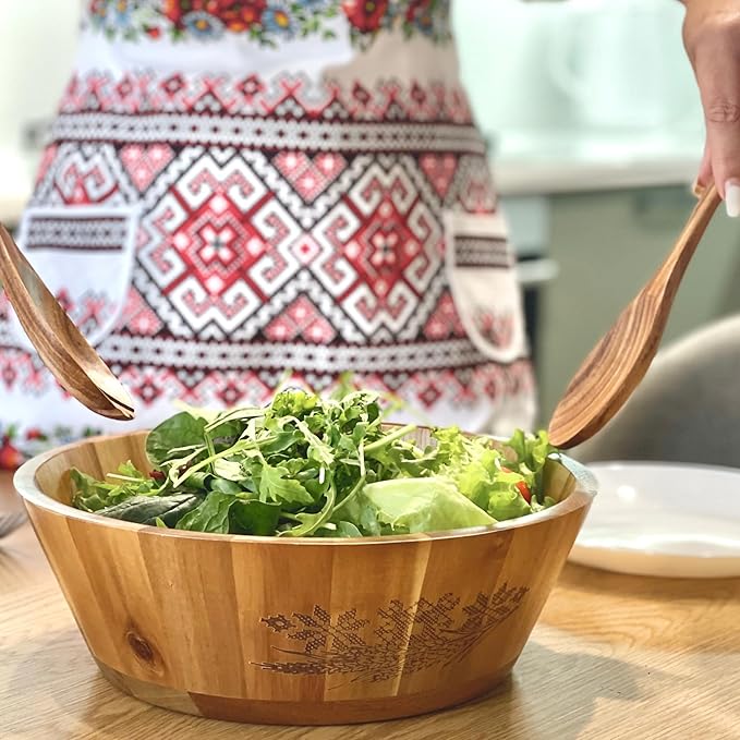 Large Wooden Salad Bowl Set, Eco-friendly Wooden Bowl, Handcrafted Acacia Wood Salad Bowl for Kitchen & Dining