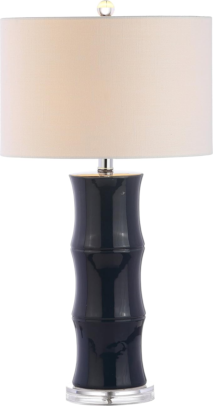 JONATHAN Y 26.5" Navy Blue Ceramic Table Lamp for Living Room, Bedroom Nightstand, White Linen Drum Shade, Bamboo Design Modern Bedside Desk Lamp with LED Bulb Included JYL3015A