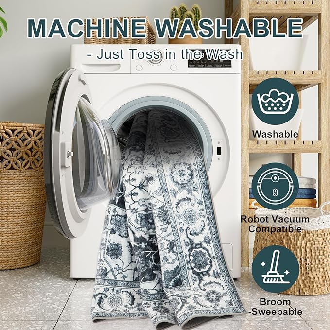 WILLSUN Washable Area Rugs, 5x7 Non-Slip Boho Large Area Rugs for Living Room, Bedroom, Machine Washable Vintage Rug, Indoor Floral Print Carpet for Home Decor, Kid & Pet Friendly Mat