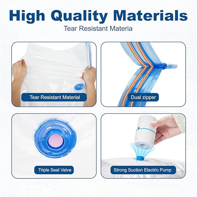 HOUSE DAY 30 Pack Vacuum Storage Bags with Electric Pump, 4 Sizes + 2 Roll-Up (5 Each), Space Saver Vacuum Seal Bags for Clothing, Bedding, Pillows, Travel – Airtight Seal, Reusable & Durable