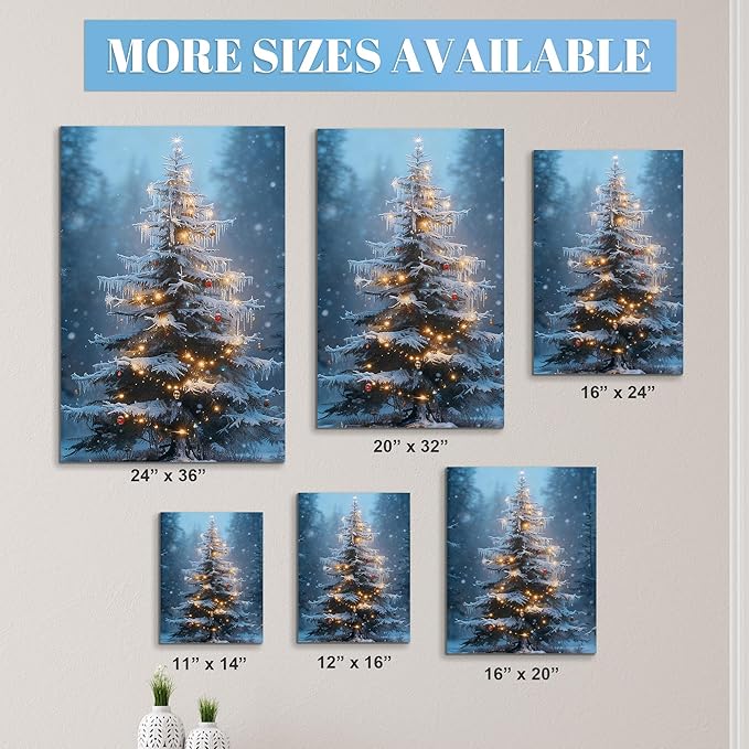 Framed Christmas Pictures Wall Decor,Vintage Pine Tree Prints,Winter Christmas Canvas Wall Art Decoration for Bedroom Bathroom Living Room Rustic Xmas Holiday Gifts (Christmas Tree 15, 16'' X 20'')