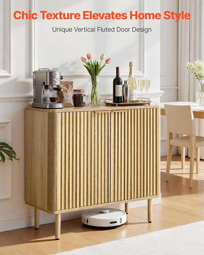 VEVOR Buffet Cabinet, Sideboard Cabinet with 2-Tier Storage, Coffee Bar Cabinet with Adjustable Shelves, Fluted Sideboard Buffet for Hallway, Entryway, Living Room, or Kitchen, Oak