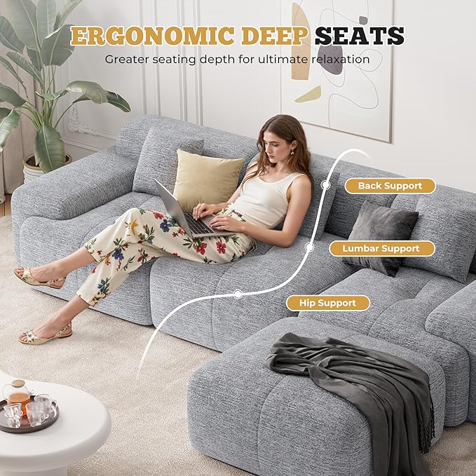 122" Modern Boneless Couches for Living Room, Convertible L Shaped Modular Sectional Sofa,4 Seater Cloud Couch Sofa Set, Light Grey 1 PCS