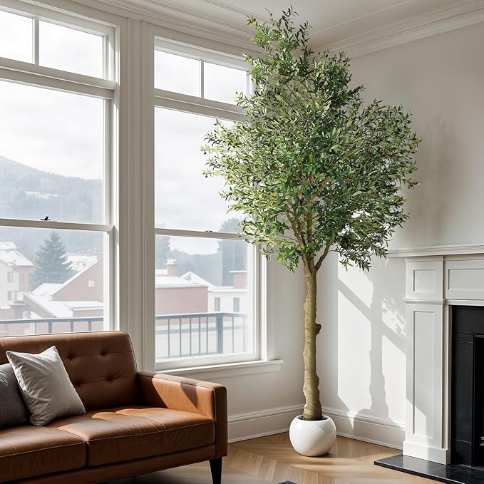 Artificial Olive Tree 10FT, Indoor Fake Silk Plant with Realistic Trunk, Leaves, Fruits and White Planter, Faux Potted Tree for Home Decor and Housewarming Gift, 1 Pack