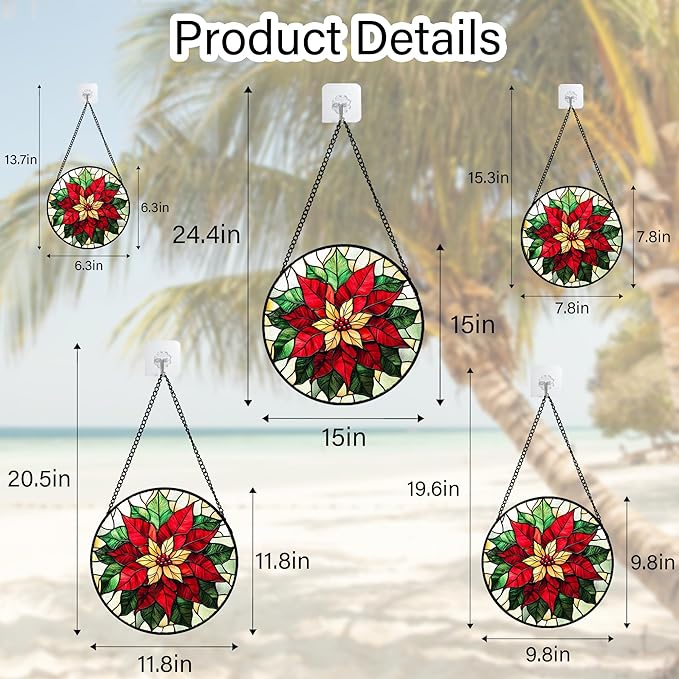 Stained Glass Window Hanging - Red Poinsettia Birth Flower Sun Catcher for Door Garden Home Decor Suncatcher Christmas Mother's Day Birthday Gifts for Women Men Mom Girl Nana Friend 15 in