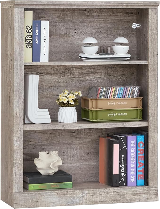 43" Grey Tall Bookshelf Set of 2,3-Tier Thick Wooden Book Shelf with Adjustable Shelves,Free Standing Farmhouse Bookcase with Open Display Storage,Floor Vintage Bookshelves for Living Room