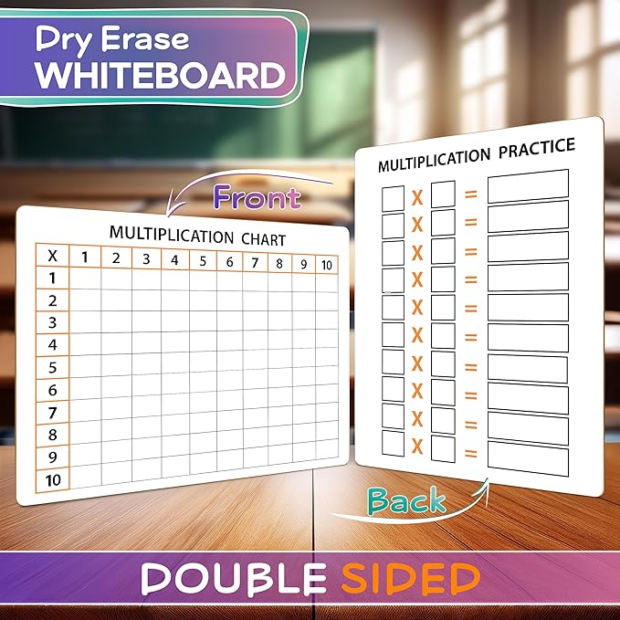 2 Pack Dry Erase Multiplication Chart Whiteboard 9" x 12" Multiplication Table l Double Sided Times Table Math Manipulatives White Board for Kids Students, Classroom and Home, Mini Whiteboard Lapboard