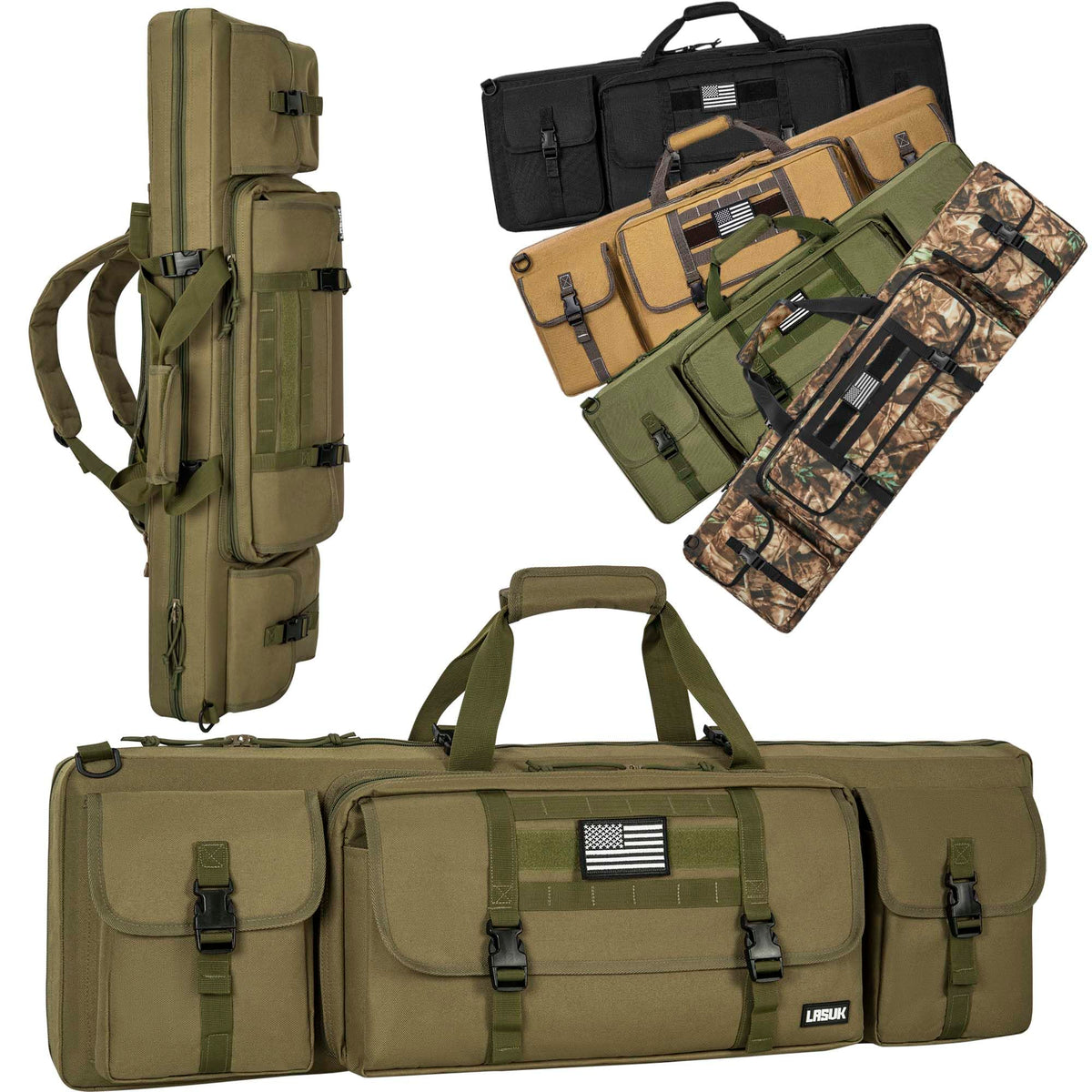 LASUK 42" Double Rifle Case Soft Gun Bag Tactical Backpack, Green