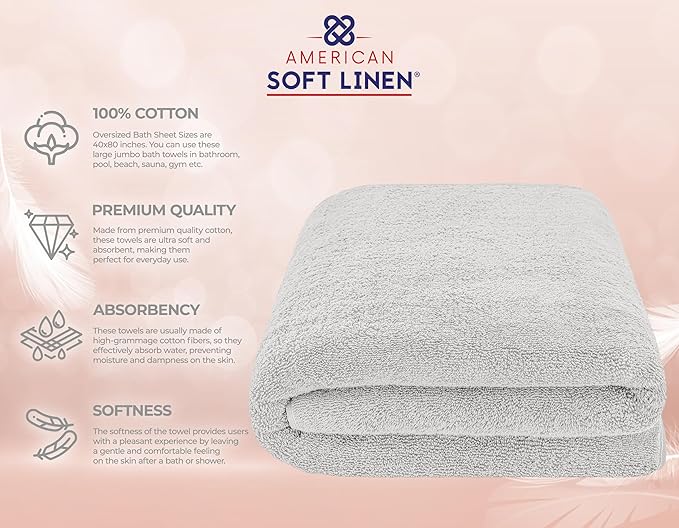 American Soft Linen Oversized Bath Sheet 40x80 Extra Large for Bathroom, 600 GSM 100% Cotton Turkish Jumbo Bathsheet Towels for Adults, Silver Gray Bath Sheet