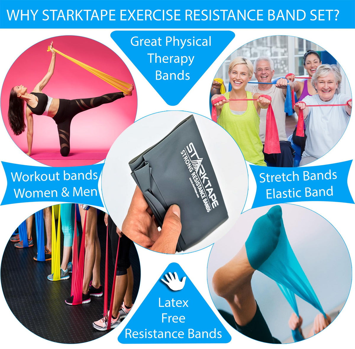 Starktape Resistance Bands Set. 3 or 5 Pack Non-Latex Physical Therapy, Professional Elastic Band. Perfect for Home Exercise, Workout, Strength Training, Yoga, Pilates, Rehab, Gym