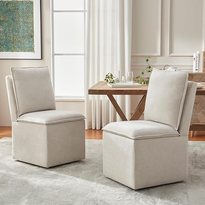 VKNOW Upholstered Dining Chairs Set of 2, Modern Rolling Chairs with Storage and Wheels, Linen Armless Chair with Cushion and Backrest, Dining Room Chairs for Living Room Kitchen Bedroom, Beige