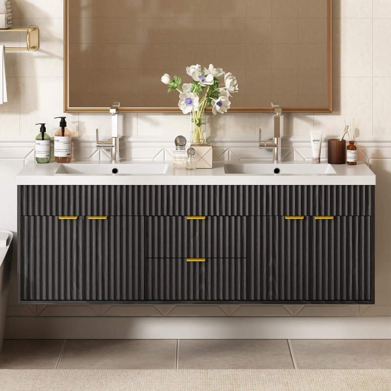 CARPETNAL 60 Inch Bathroom Vanity with Sink, Modern Fluted Large Double Sink Bathroom Vanity with Sink with 2 Storage Cabinets, Adjustable Shelf and 2 Drawers, Black