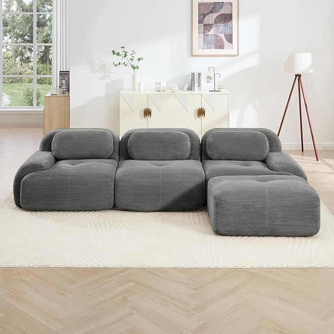 Gray Ottoman for Modular Sectional Sofa, Corduroy Deep Seat for Oversized Compressed Boneless Sectional Couches for Living Room Bedroom Apartment, Cloud Sofa Couch Set, Memory Foam, No Assembly