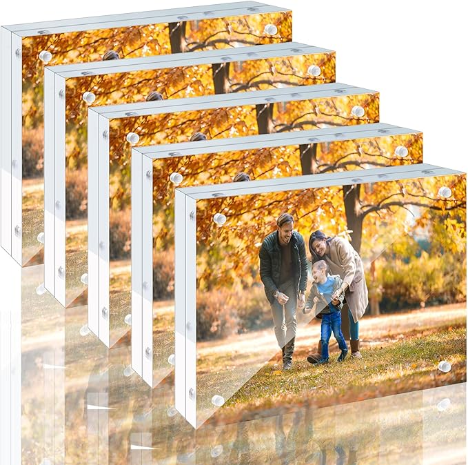 5 Pack 4x6 Acrylic Picture Frames - 20% Thicker Double Sided Magnetic Frame with UV Protection - Freestanding Clear Frameless Display for Tabletops - Modern Photo Frame Set for Home & Office Decor