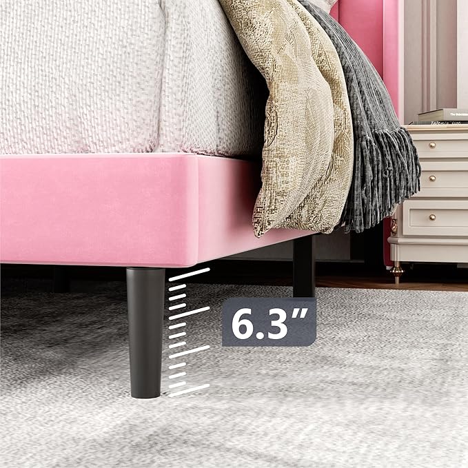 Full Size Bed Frame with Upholstered Wingback Headboard, Easy Assemnly Platform Bed, Wooden Slat Support No Box Spring Needed, Pink