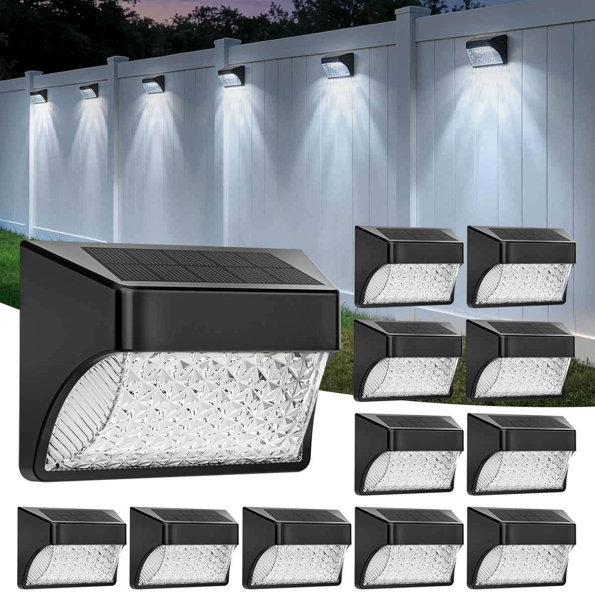 Tadyreal Solar Fence Lights Outdoor Waterproof Ip65, 10 Lighting Modes Fence Lights Solar Powered with 15 Bright Led Lens, Backyard Light Outdoor for Deck Railing Step Pool Patio Wall - 12 Pack