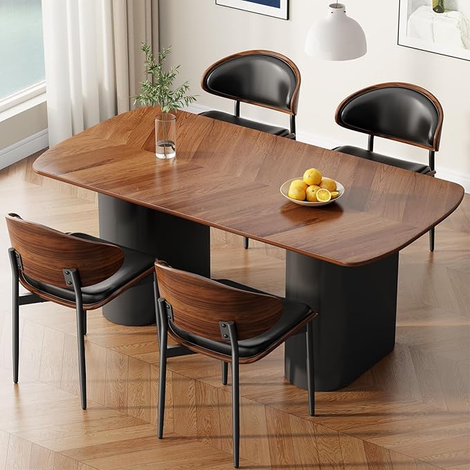 Dining Chairs Set of 4, Mid-Century Modern Upholstered PU Leather Chairs with Walnut Bentwood Back and Metal Legs Adjustable Feet for Kitchen Dining Room, Black PU