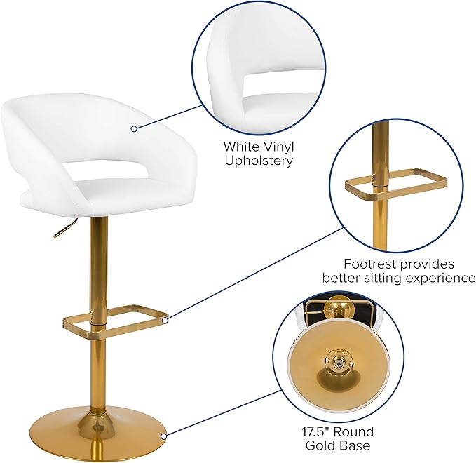 Flash Furniture Erik Comfortable & Stylish Contemporary Barstool with Rounded Mid-Back and Foot Rest, Adjustable Height - White Vinyl with Gold Base, Set of 2
