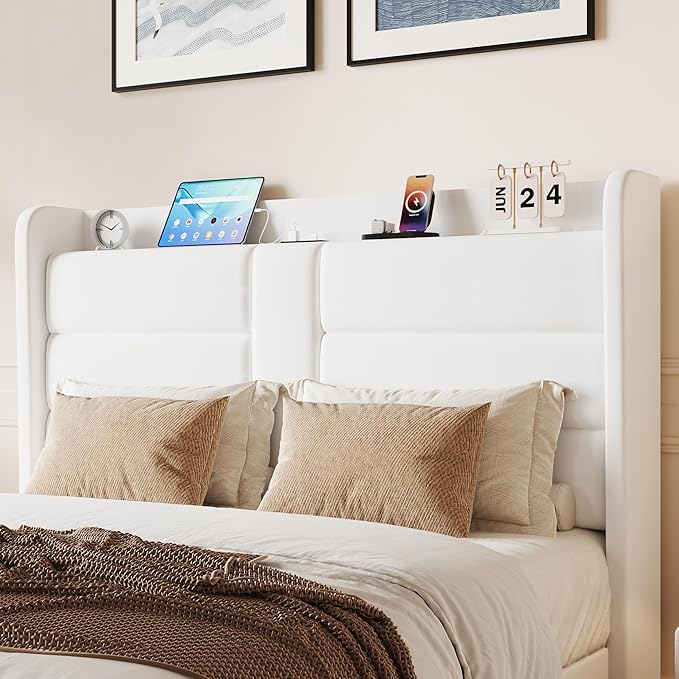 SHA CERLIN Queen Size Bed Frame with Charging Station & Storage Headboard, Velvet Platform Bed with Upholstered Modern Wingback Design, Wooden Slats Support, No Box Spring Needed, Easy Assembly, White