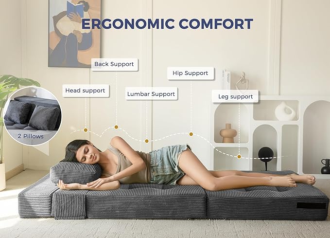 MAXYOYO Convertible Sofa Bed, Fold Out Sleeper Sofa with Pillow, 4 in 1 Tufted Folding Couch Bed Foam Floor Couch, Lazy Chair for Living Room Bedroom Guest Room, Dark Grey