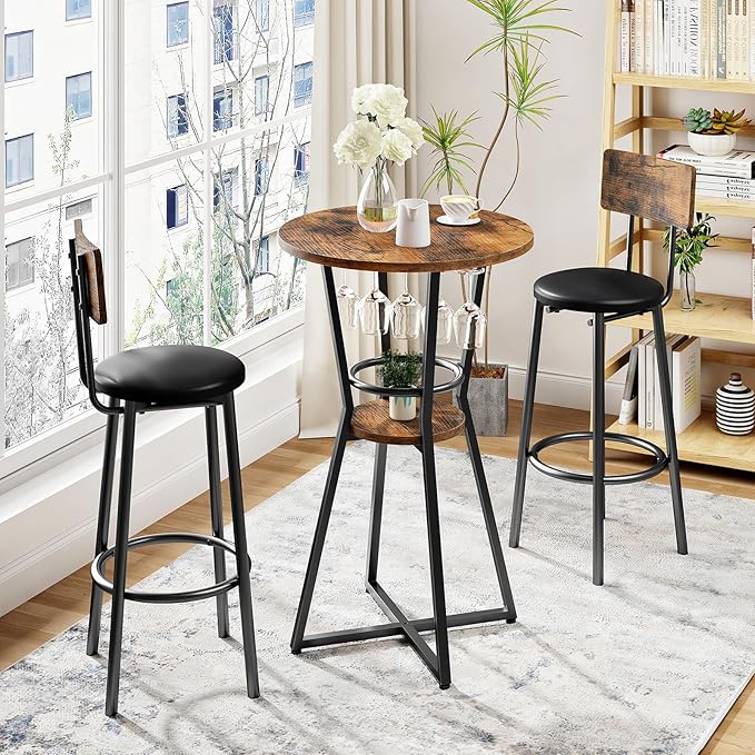 HOOBRO Round Bar Table, 2-Tier Counter Height Pub Table with Wine Glass Holder, Industrial Cocktail Table, for Small Space, Tavern, Living Room, Dining Room, Patio, Rustic Brown and Black BF62BT01G1