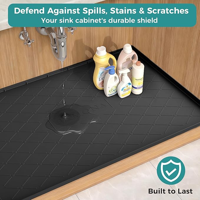 URMONA 34" x 19" Waterproof Silicone Mat in Multiple Sizes & Colors, Under Sink Mat for Kitchen & Bathroom, Pet Food Pad for Dogs & Cats, Kitchen Cabinet Liner, Multi-Purpose for Storage(Khaki)