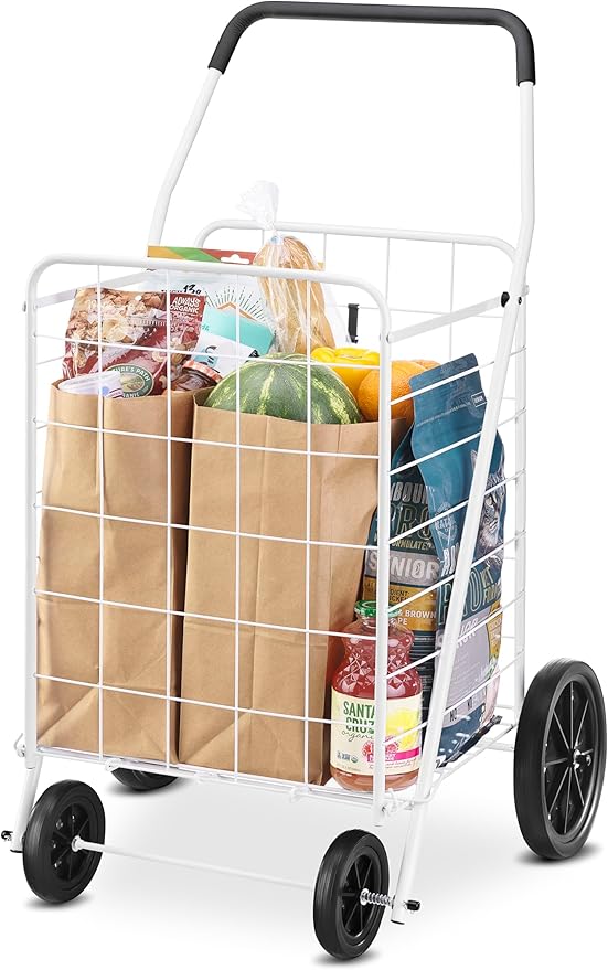 Whitmor Deluxe Utility Foldable Shopping Cart with Wheels, 100 Lb Capacity, Heavy Duty Grocery Cart with Steel Frame, Foam Handle, Rolling Folding Utility Trolley for Grocery, Laundry, Travel, White