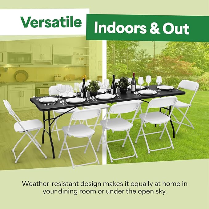 EconoHome Black 8ft Folding Table with Handle | Heavy-Duty Foldable Table | Portable Table for Indoor & Outdoor Use | Perfect for Events, Camping, Parties, Dining & More
