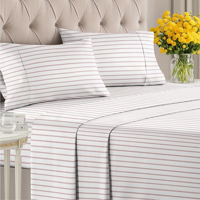Striped Sheets - Red & White Striped Sheets - 1 Flat & 1 Fitted & 2 Pillowcases w/ Deep Pockets – Comfy, Wrinkle & Fade Free - Soft, Breathable & Cooling – Luxury Pinstripe Bedding - Full Size Bed Set