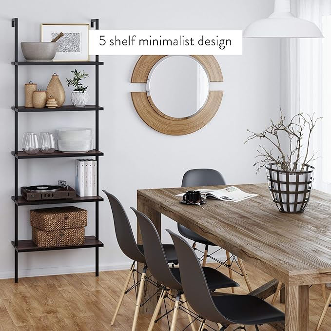 Nathan James Theo 5-Shelf Wood Modern Bookcase, Open Wall Mount Ladder Bookshelf with Industrial Metal Frame, Walnut Brown/Black, Set of 3