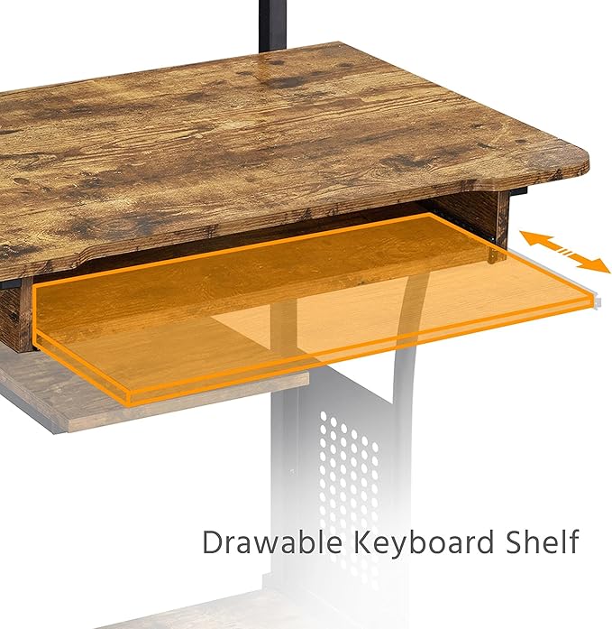 Yaheetech 3 Tiers Rolling Computer Desk on Wheels with Charging Station and Keyboard Tray, Mobile Home Office Desk PC Laptop Workstation with Power Outlet and USB Ports for Home Studying, Rustic Brown
