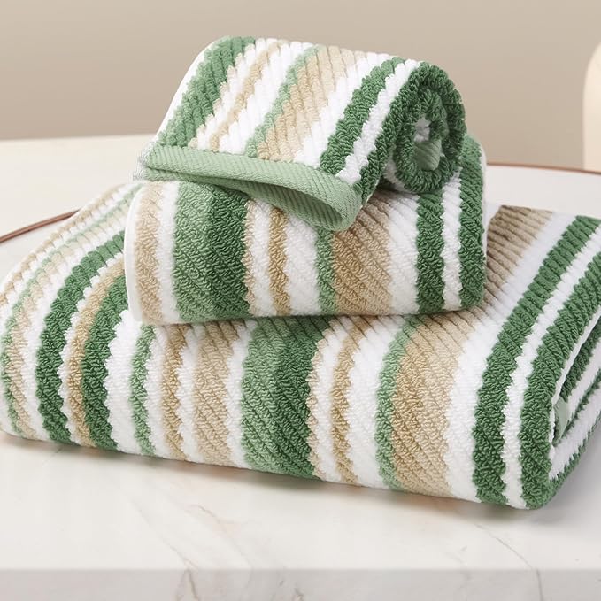 Green Striped Towels - 100% Cotton, Quick Dry, Soft & Absorbent, 3PC Luxury Towels Set (Bath 28"x52", Hand 16"x27", Wash Cloth 13"x13"), Stripe Shower Towel with Hanging Loop, Sage and Beige
