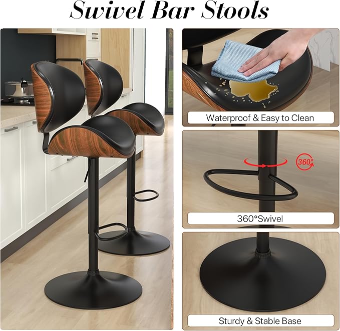 KCC Bar Stools Set of 6, Swivel Adjustable Height Barstools, PU Leather Upholstered Bar Chairs with Footrest, Bentwood Bar Stool for Kitchen, Bar, Dining Room(Black PU)