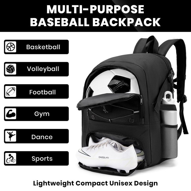 HMLIN OUTOOORS Soccer Backpack with Ball Holder,Youth soccer Bag for Basketball,Volleyball-Includes Separate Shoe Compartment&and Insulation (Black)