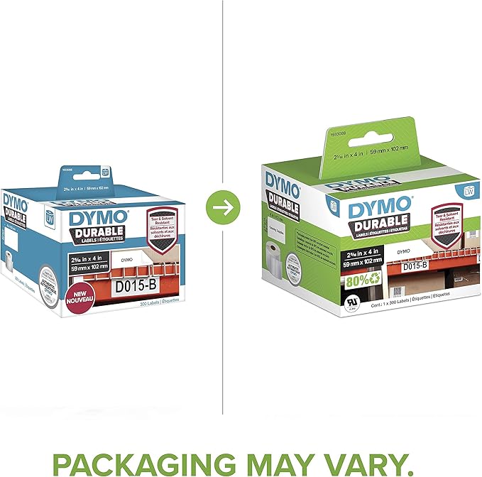 DYMO LW Durable Industrial Labels for LabelWriter Label Printers, White Poly, 2-5/16” x 4”, 1 Roll of 300