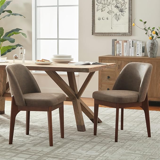VKNOW Modern Dining Chairs Set of 6, Faux Leather Kitchen Chairs with Wood Legs, Upholstered Side Chair for Kitchen Dining Room, Dark Brown